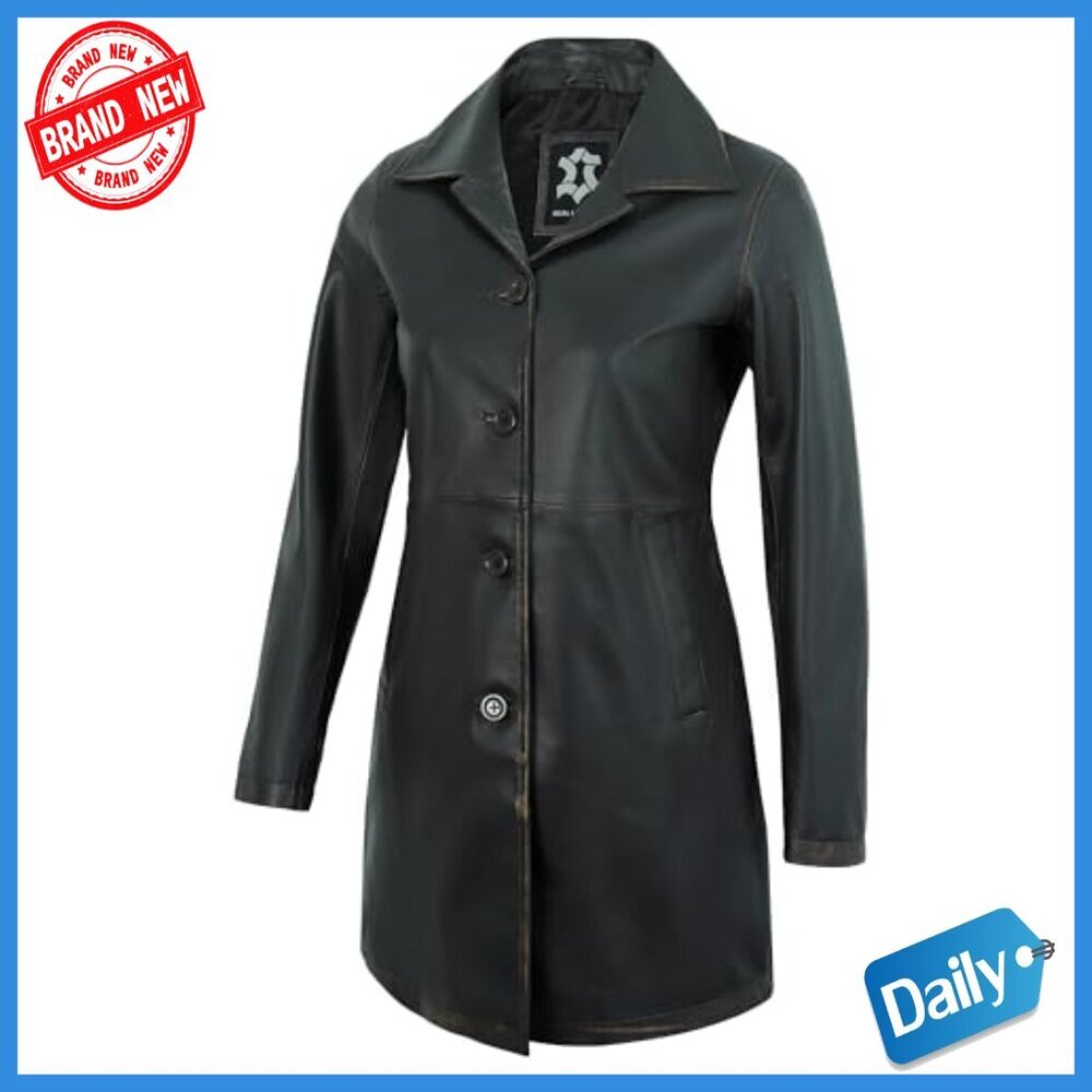 Real Lambskin Leather Car Coat Long Jacket Women's Regular Fit - Picture 2 of 5
